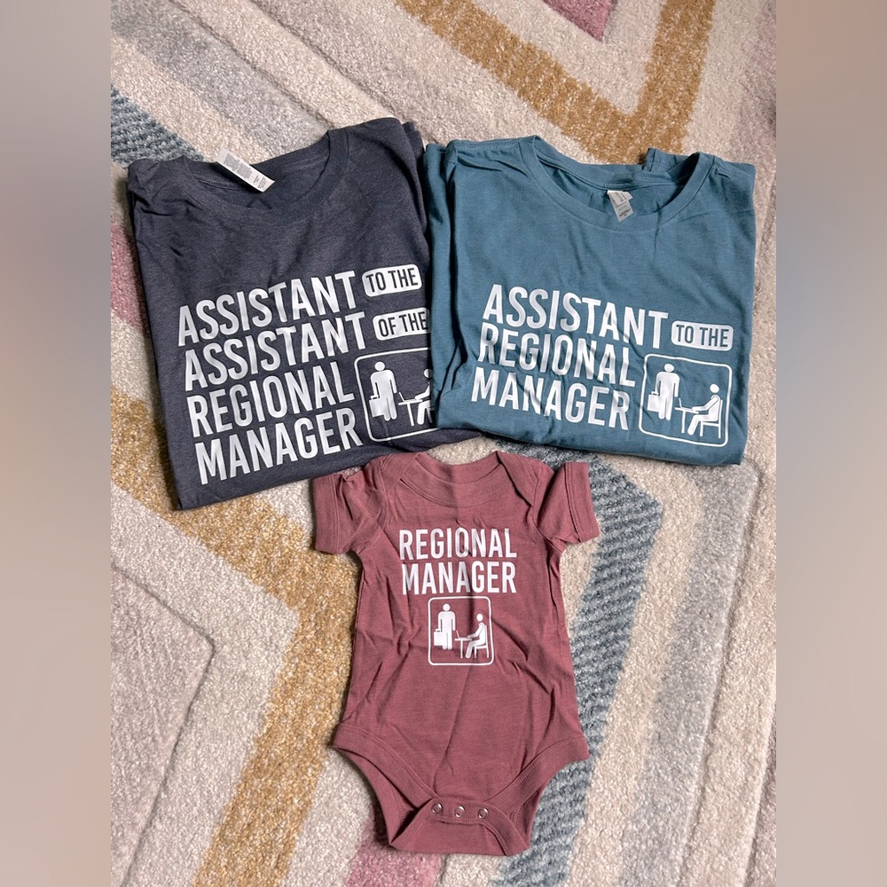 Bella + Canvas Family Tees + Onesie (The Office themed).